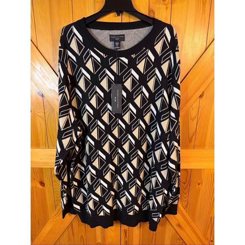 Shaquille O’Neal Black White Tan Geometric Pattern Sweater NWT Size 2XLT (6387)